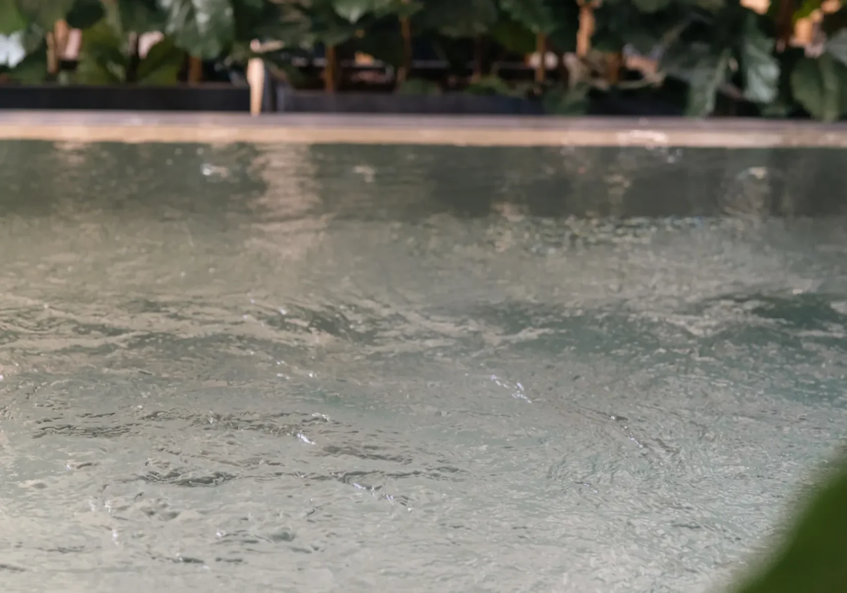 Bubblande spa-pool med kristallklart vatten omgiven av gröna växter och naturlig belysning
